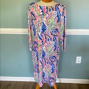 Talbots retro print paisley shirt dress size L stretch liquid knit colorful